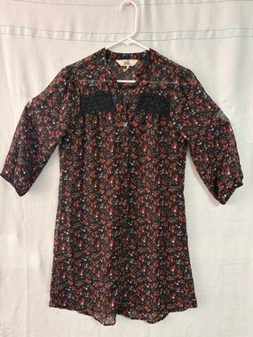 Black Poppy women’s Small Sheer Floral Tunic Blouse Button Front Boho Top(A557)